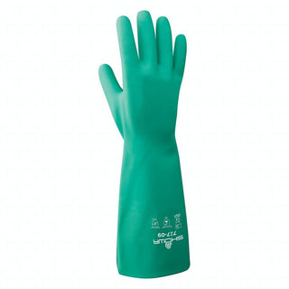 SHOWA 727 Chemical Resistant Gloves, 15-mil Unsupported Nitrile, 13-inch Extended Gauntlet, Bisque Grip, CE Cat III & Food Safe, Latex-Free, Green, Large, 12-Pack