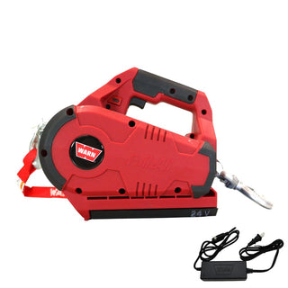 WARN 885030 PullzAll Cordless 24V DC Portable Electric Winch with Steel Cable and 1 Rechargeable Battery Pack: 1/2 Ton (1,000 lb) Lifting/Pulling Capacity, Red