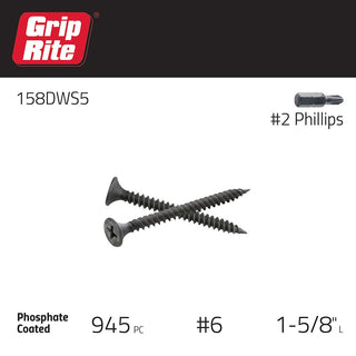 Grip-Rite Fine Thread Drywall Screws - #2 Phillips Bugle Head - Sharp Point - Attach Drywall to Steel Studs - Phosphate Coated - #6 X 1-5/8" - 5 Lb Box - 1190 Count - 158DWS5