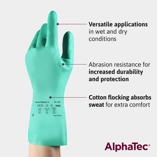 Ansell AlphaTec Solvex 37-175 Flocked Chemical-Resistant Gloves for Cleaning, Agriculture, Food, Mechanics, Oil - Large, Green (12 Pairs)