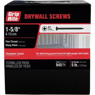 Grip-Rite Fine Thread Drywall Screws - #2 Phillips Bugle Head - Sharp Point - Attach Drywall to Steel Studs - Phosphate Coated - #6 X 1-5/8" - 5 Lb Box - 1190 Count - 158DWS5