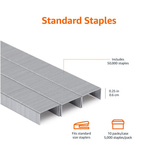 Amazon Basics Standard Stapler Staples, 1/4" Length, 50000 Count, 10-Pack of 5000, Silver