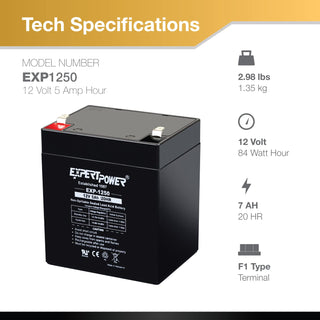 ExpertPower EXP1250-12V 5Ah Rechargeable SLA Battery for Security System, UPS, Garage Door Opener Replacement, Fire Alarm Batteries, Sealed Lead Acid, 12V Battery Backup