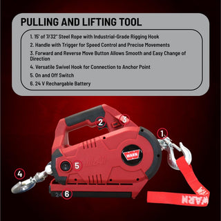 WARN 885030 PullzAll Cordless 24V DC Portable Electric Winch with Steel Cable and 1 Rechargeable Battery Pack: 1/2 Ton (1,000 lb) Lifting/Pulling Capacity, Red