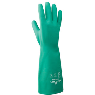 SHOWA 730 Chemical Resistant Gloves, 15-mil Nitrile with Cotton Flock Liner, 13-inch Extended Gauntlet, Bisque Grip, CE Cat III & Food Safe, Green, Small, 12-Pack