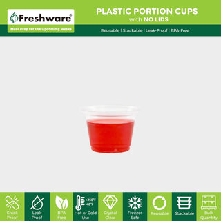 Freshware Plastic Portion Cups (No Lids) [1 Ounce, 250 Cup] Disposable Plastic Cups for Meal Prep, Salad Dressing, Jellos Shot Cups, Souffle Cups, Condiment and Dipping Sauce Cups