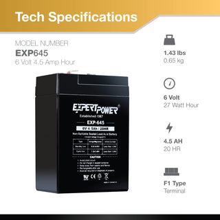 ExpertPower EXP645-6V 4.5Ah / 20HR SLA Rechargeable 6V Battery for Ride on Toys, Emergency Light, Exit Sign Battery Replacement, Sealed Lead Acid 6 Volt Batteries with F1 Terminals