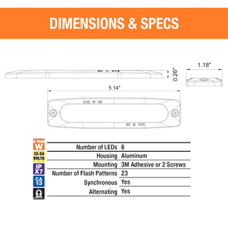 Buyers Products 8892206 5 Inch Amber and Red LED Strobe Light, Ultra‑Thin Surface Mount Warning Light, 6 LEDs, 23 Flash Patterns, Aluminum Housing, IPX8 Waterproof, for Trucks and Utility Vehicles