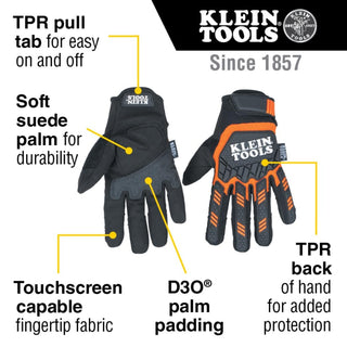 Klein Tools Work Gloves, Heavy-Duty Suede Palm Gloves, TPR Impact Resistant, Touchscreen-Capable, Hook and Loop Wrist Strap
