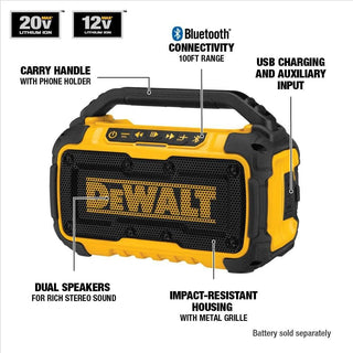DEWALT 20V MAX Bluetooth Speaker, 100 ft Range, Durable for Jobsites, Phone Holder Included, Lasts 8-10 Hours with Single Charge (DCR010)