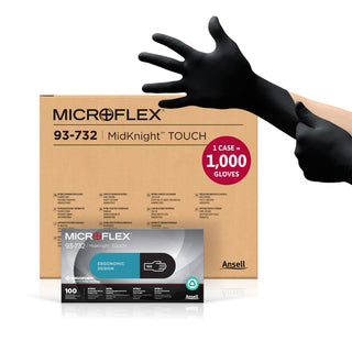 Ansell MICROFLEX Midknight Touch 93-732 Disposable Nitrile Exam Gloves for Auto, Tattoo, Dentistry, Catering, 4.3 mil - Medium, Black (Case of 1000)