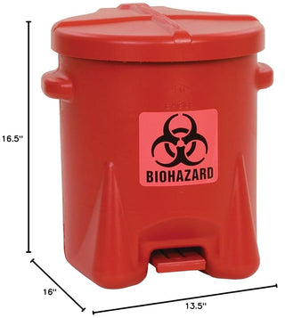 Eagle 6 Gallon Biohazard Trash Can with Foot-Operated Self-Closing Lid, 16.5" x 13.5" x 16", Made in the USA from High-Density Polyethylene, Red, 943BIO