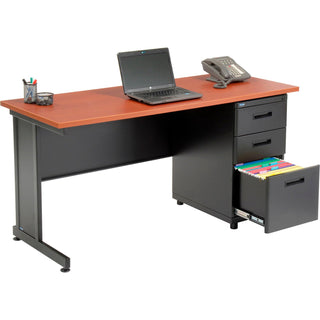 Global Industrial 60" W x 24" D x 30" H Office Pedestal Desk with 3 Drawers, Faux-Wood Laminate Cherry Desktop, Black Steel Frame, 2 Box Drawers & 1 File Drawer
