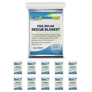 Primacare HB-10 Emergency Mylar Thermal Blankets – 10 Pack, 84" x 52", Silver – Reflective, Waterproof, Retains 90% Body Heat – for Survival, First Aid, Outdoors, Camping, EMS