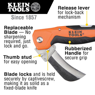 Klein Tools 44218 Utility Knife, Electricians and Folding Pocket Knife with Hawkbill Blade for Cable Skinning, Replaceable Blade