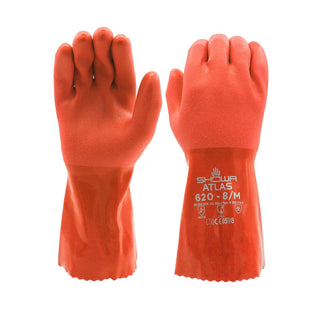 SHOWA Atlas 620 Double-Dipped PVC Chemical Resistant Gloves, Rough Finish Grip, Seamless Cotton Liner, 12" Length, Latex-Free, Orange, Small, 12-Pack