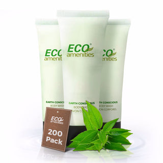 ECO Amenities Travel Size 1oz Body Wash (BULK 200 Pack) - 30ml Hotel Supplies for Guests - Green Tea Scent Eco for woman, for men, Biodegradable Container