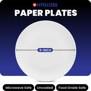 Hygloss Bulk Paper Plates 9-Inch - Uncoated Large Plain White Disposable Plates for Party, Dinner, Foodware, Events, Crafts & More - Environmentally Friendly - Recyclable & Microwave Safe (100 Count)