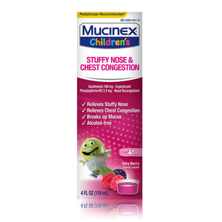 Mucinex Children’s Stuffy Nose & Chest Congestion, Multi-Symptom Relief, Expectorant, Nasal Decongestant, Very Berry Flavor, 4 Fl Oz