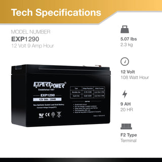 ExpertPower EXP1290 (2 Pack) - 12V 9AH SLA AGM Rechargeable 12V Battery for Ride on Toys, Backup UPS Battery Replacement, 12 Volt Batteries for Alarm, Electric Bike, F2 Terminals (.250")