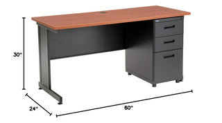 Global Industrial 60" W x 24" D x 30" H Office Pedestal Desk with 3 Drawers, Faux-Wood Laminate Cherry Desktop, Black Steel Frame, 2 Box Drawers & 1 File Drawer