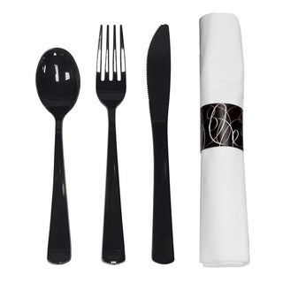 Party Essentials Pre Rolled Silverware Set Disposable Party Supplies, Wrapped Plastic Cutlery Set with Napkin, Spoons/Forks/Knives Black, 25 Units