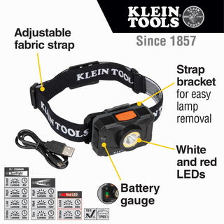 Klein Tools 56414 Rechargeable 2-Color LED Headlamp, Fabric Strap, Spotlight, Floodlight, Red LED, 800 Lumens, USB Cable, Camping, Running