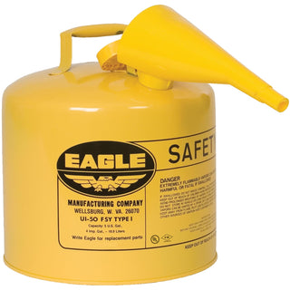 Eagle 5 Gallon Type I Yellow Safety Gas Can for Diesel with Flame Arrester, Self-Closing Lid, and F-15 Funnel, Made in the USA, Galvanized Steel Flammable Storage Can, UI50FSY