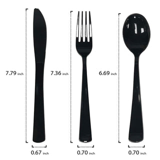 Party Essentials Pre Rolled Silverware Set Disposable Party Supplies, Wrapped Plastic Cutlery Set with Napkin, Spoons/Forks/Knives Black, 25 Units