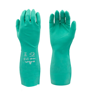SHOWA 717 Chemical Resistant Gloves, 11-mil Nitrile Gloves, 13-inch Extended Gauntlet, Bisque Grip, Unlined & Unsupported, CE Cat III & Food Safe, Green, Large, 12-Pack