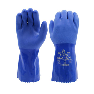 SHOWA Atlas 660 Triple-Dipped PVC Chemical Resistant Gloves, Heavy-Duty Gloves, Rough Finish Grip, Seamless Cotton Liner, 12" Length, Blue, Medium, 12-Pack