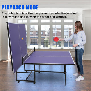 GarveeLife 9ft Mid-Size Portable Table Tennis Tables– Professional Outdoor Ping Pong Table Game, Foldable Ping Pong Game Set for Indoor/Outdoor,Table Top with Net, 2 Paddles and 3 Balls, Playback Mode