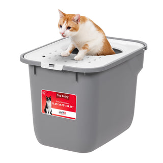 IRIS USA Cat Litter Box Large Top Entry with Lid, Enclosed Litter Box with Litter Catching Lid & Scoop, Covered Cat Litter Box Enclosure for Privacy, High Sided, Gray/White