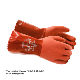 SHOWA Atlas 620 Double-Dipped PVC Chemical Resistant Gloves, Rough Finish Grip, Seamless Cotton Liner, 12" Length, Latex-Free, Orange, Small, 12-Pack