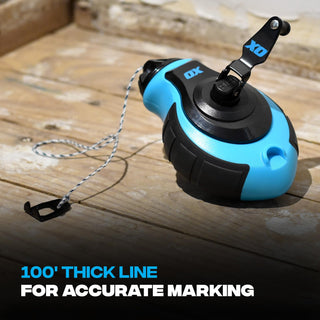 OX Tools Professional Chalk Line Reel & Chalk Powder Combo Pack, 6-to-1 gear ratio, 100' 8 Strand Strong compact chalk line and Blue Chalk Powder | P503502