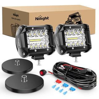 Nilight 2PC 4Inch Triple Row Lights 60W Flood Spot Combo 6000LM Bar Driving Boat Led Off Road Trucks with 2PC Magnetic Base LED Light Bar Mounting Brackets Switch Wiring Harness Kit, 2 Years Warranty