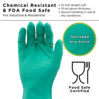 SHOWA 727 Chemical Resistant Gloves, 15-mil Unsupported Nitrile, 13-inch Extended Gauntlet, Bisque Grip, CE Cat III & Food Safe, Latex-Free, Green, Small, 12-Pack