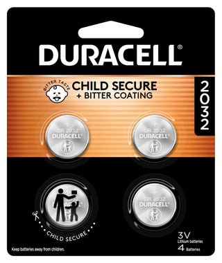 Duracell 2032 Lithium Battery, 4 Count (Pack of 1), Child Safety Features, Compatible with Key Fob, Tea Light Candles and Other Devices, CR2032 Battery
