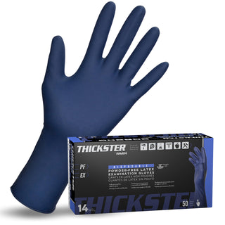 Thickster Powder-Free Exam Grade Latex Disposable Gloves. Size Medium. Blue, 14 mil Thickness, 12" Length. Fully Textured for Superior Grip. Single Use. Pack of 50. (6602-20)