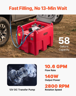 VEVOR Portable Diesel Tank, 58 Gallon Capacity & 10 GPM Flow Rate, Fuel Tank with 12V Electric Transfer Pump and 13.1ft Rubber Hose, PE Diesel Transfer Tank for Easy Fuel Transportation, Red