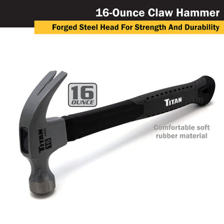 Titan 63020 16oz Claw Hammer, Forged Steel Head, 13" Shock Absorbing Fiberglass Handle with Textured Grip