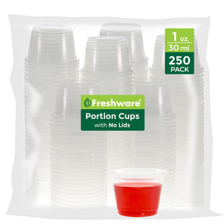 Freshware Plastic Portion Cups (No Lids) [1 Ounce, 250 Cup] Disposable Plastic Cups for Meal Prep, Salad Dressing, Jellos Shot Cups, Souffle Cups, Condiment and Dipping Sauce Cups