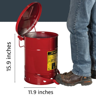 Justrite 6 Gallon Galvanized Steel Oily Waste Can, 16" x 12" Metal Oil Rag Safety Can With Foot Operated Self-Closing Lid for Oil Rag Disposal, Made in the USA, Red, 09100
