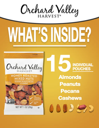 Orchard Valley Harvest Honey Roasted Mixed Nuts, 1 Ounce Bags (Pack of 15), Almonds, Peanuts, Pecans, and Cashews, Gluten Free, Non-GMO, No Artificial Ingredients