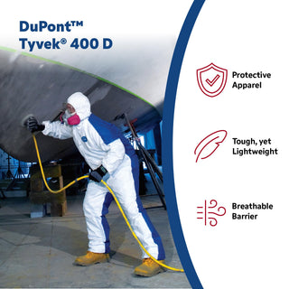DuPont - TD127SWBLG0025CM Tyvek 400D Protective Coverall with ProShield 10 Back, Zipper Front, Hood and Elastic Cuffs, White/Blue, Large, 25-Pack