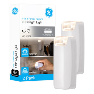 GE 4-in-1 Power Outage Plug in Night Light LED Flashlight for Dorm Room, Apartment Essentials, Battery Operated Lights Emergency Supplies, Dusk to Dawn Sensor Nightlight, 2 Pack, White 49578