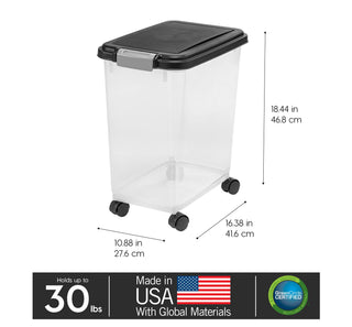 IRIS USA Airtight Dog Food Storage Container, Up to 30 lbs, Attachable Wheels, for Dog Cat Bird and other Pet Food Storage Bin, Keep Fresh, Easy Mobility, BPA Free, Black