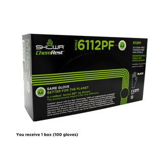 SHOWA 6112PF Sustainable EBT Latex-Free, Powder-Free, Nitrile Disposable Single Use Safety Gloves, 4 Mil, 9.5" Length, Black, Medium, (1 Box/100 Gloves)