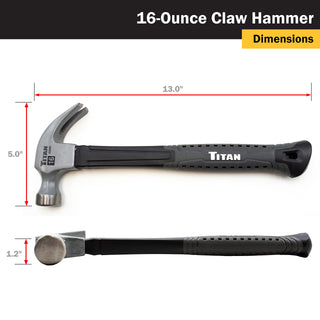 Titan 63020 16oz Claw Hammer, Forged Steel Head, 13" Shock Absorbing Fiberglass Handle with Textured Grip