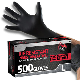 Venom Steel Industrial Nitrile Gloves, Chemical Resistant Disposable Black Gloves, Latex-Free, Powder-Free, Textured Grip, Heavy Duty Two-Layer Protection, 6 mil, Large (Pack of 500)